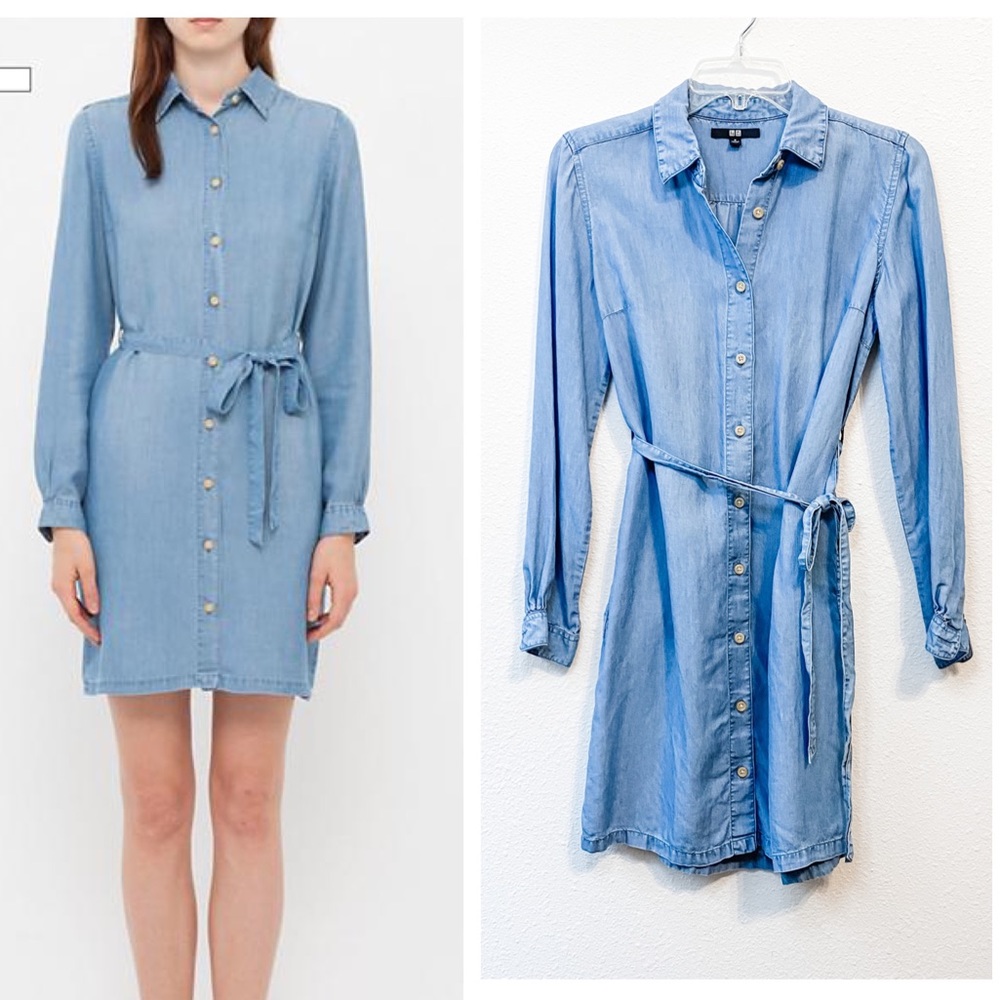Uniqlo Button Down Shirt Mini Dress Denim Blue
